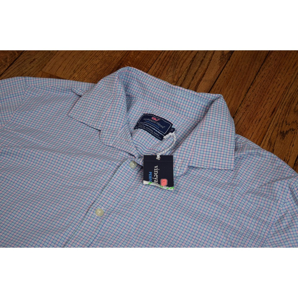 NWT Vineyard Vines Performance Slim Fit Cooper Shirt Checkered Pink Mens Size XL